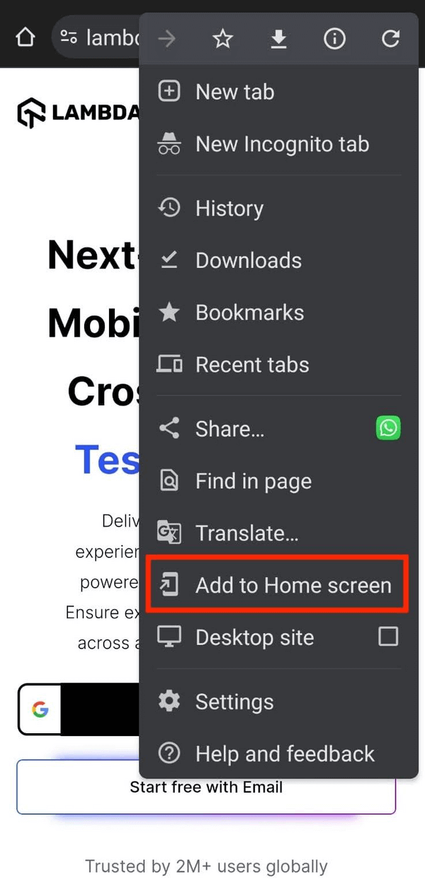 Android Chrome menu showing Add to Home screen option