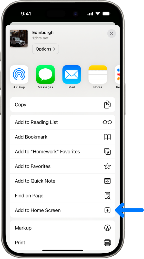 iOS Safari share menu showing Add to Home Screen option